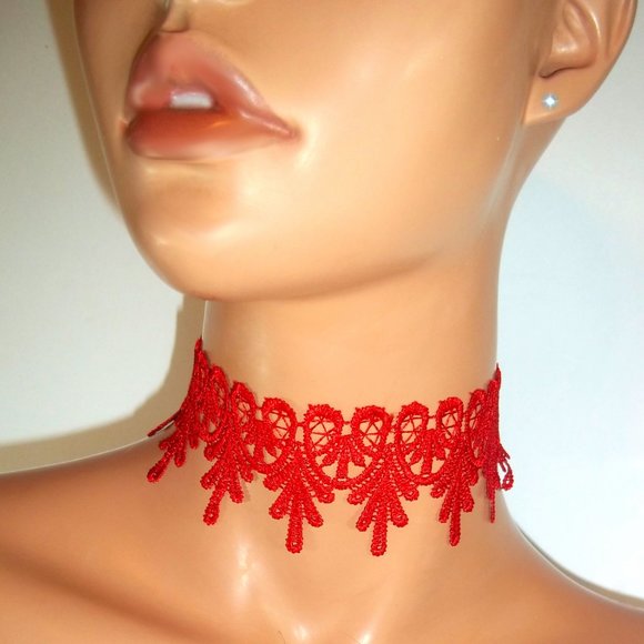 Red Lace Scallop Choker, Red Choker, Red Lace Choker Necklace, Red Accessories - Picture 1 of 4